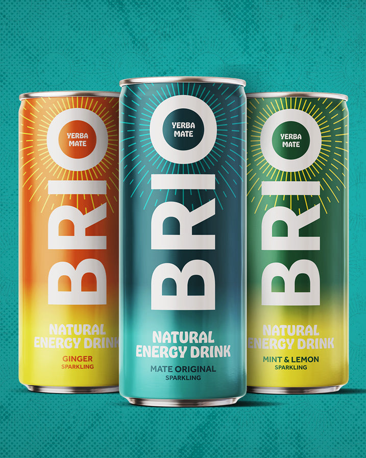 Three cans of Brio energy drink in different flavors: Ginger, Mate Original, and Mint & Lemon against a Blue  background