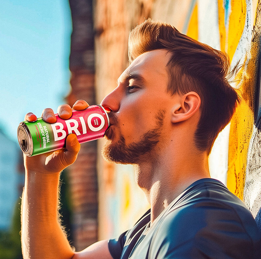 A profile shot of a young man drinking a red and green Yerba Mate energy drink called BRIO 
