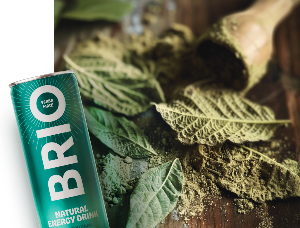 A energy drink can in blue placed on a wooden surface with dried yerba mate leaves and a wooden spoon